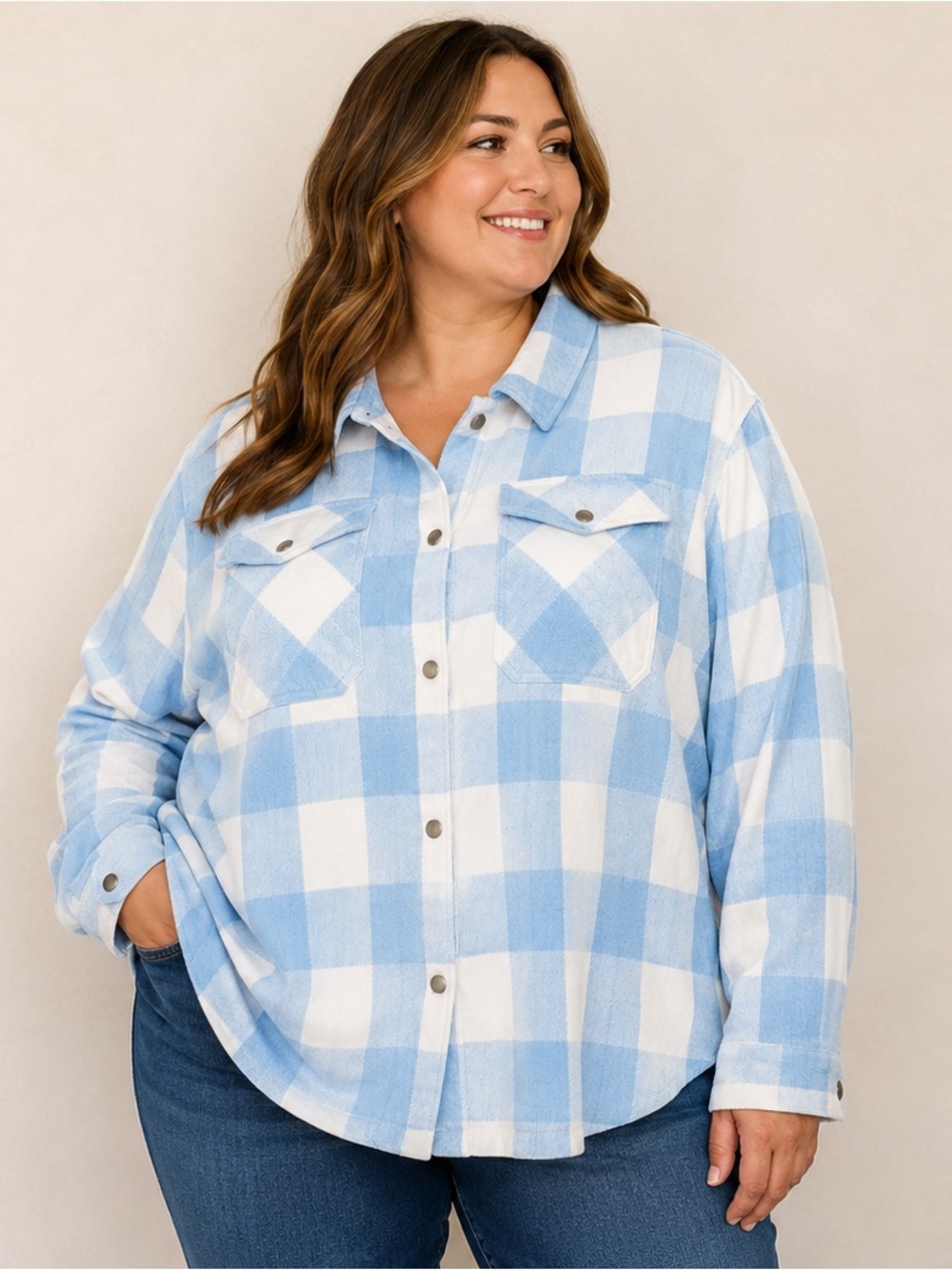 NWT Plus-Size Light Blue & White Plaid Jean Shacket